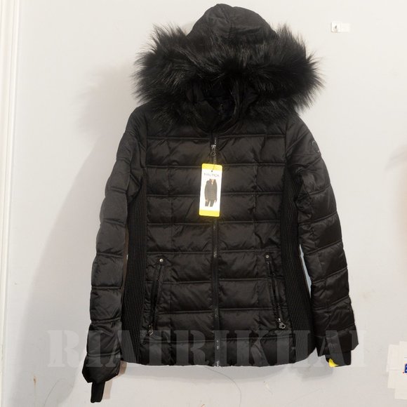 Nautica Womens Faux Fur Trim Hooded Midweight Puffer Jacket BLACK - Picture 2 of 12